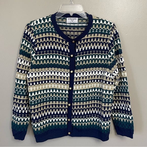 Vintage Alfred Dunner Button Up Sweater Cardigan Med petite Striped Geometric - Picture 1 of 8